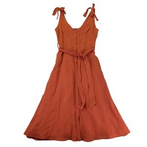 FRNCH Paris Rust Orange Cotton Button Front Tie Shoulder Midi Dress XS F11473